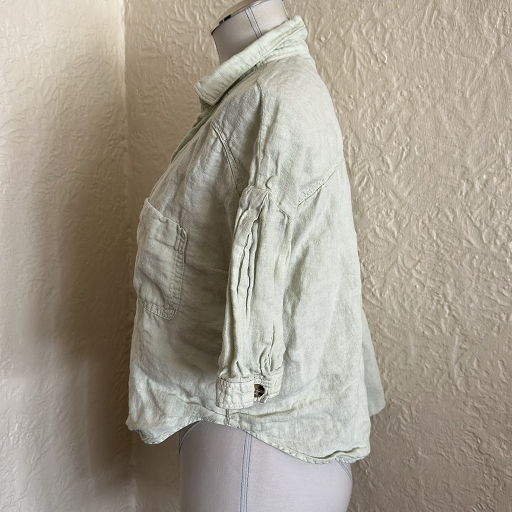 Zara Pale Spring Green Woven Casual Slouchy Short Sleeve Button Up Shirt Large - Picture 4 of 7